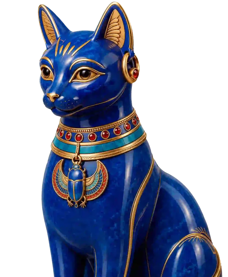 Blauw beeld van de kattengodin Bastet met goud, art van Wincleo