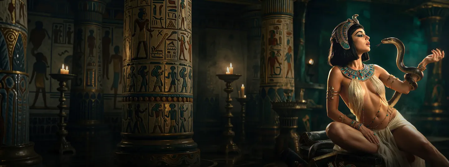Cleopatra met een cobra in een Egyptische tempel, art van Wincleo